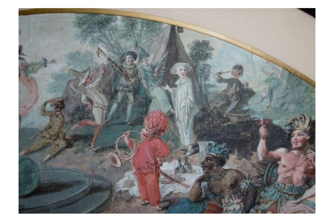 Le théatre du monde au palais de Plutus, feuilles d' éventails XVIIIème