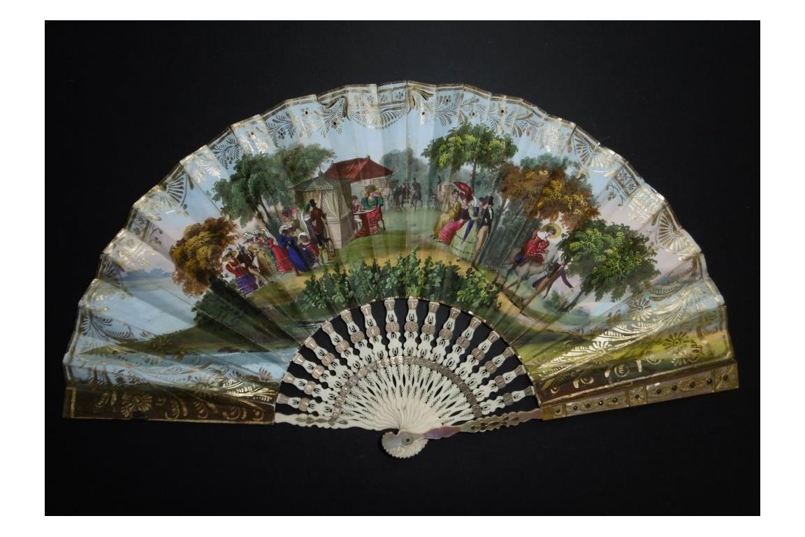 Skating in winter and socializing in summer, fan circa 1830