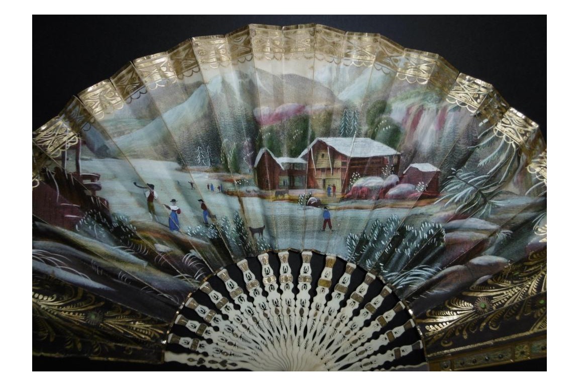 Skating in winter and socializing in summer, fan circa 1830