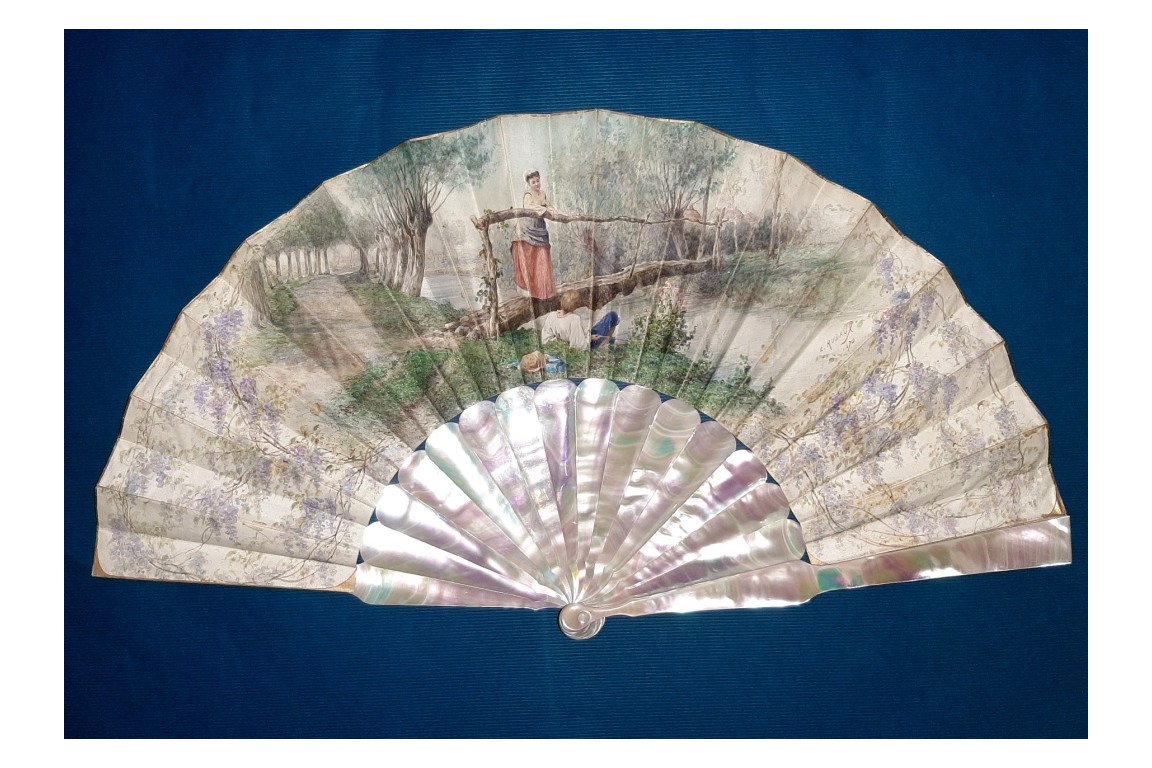 Lovers in the wisteria, fan by Rudaux, 1890