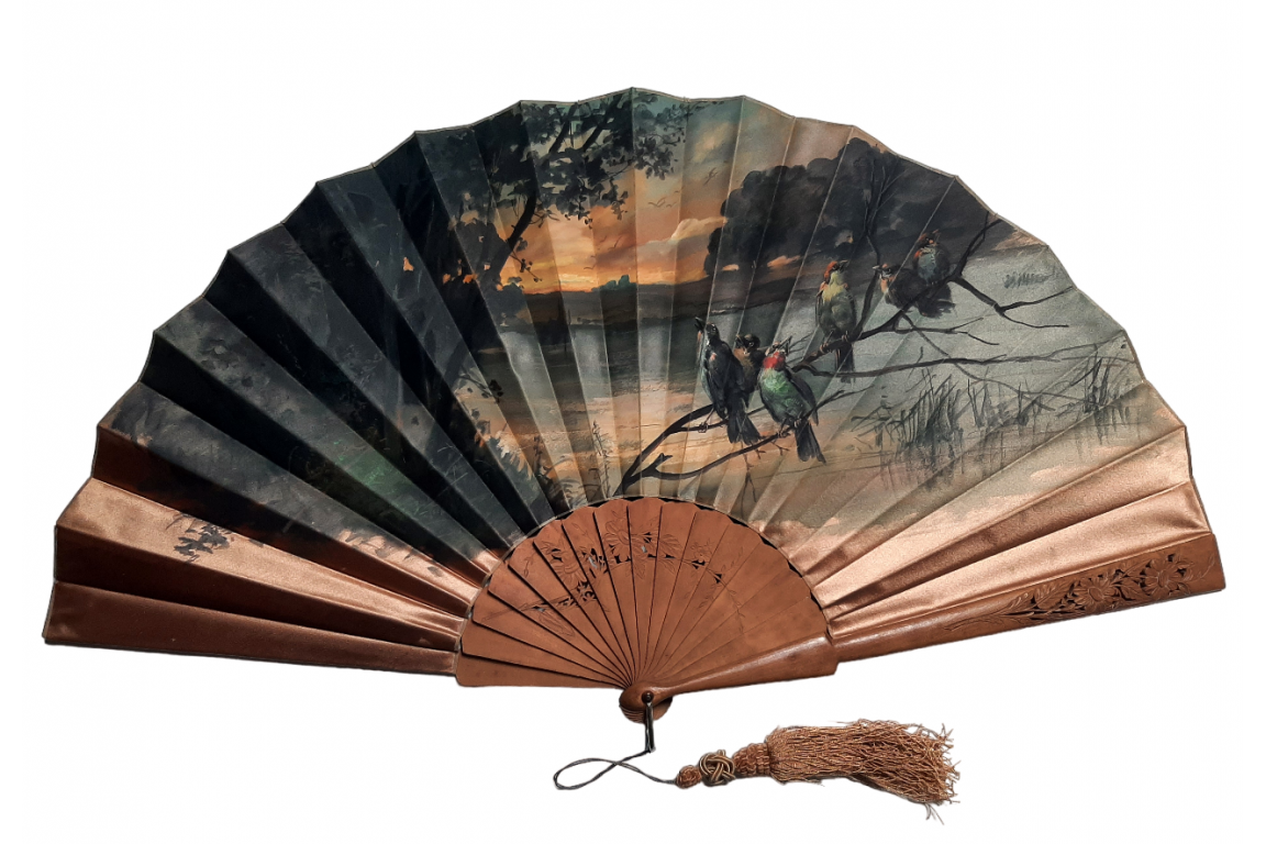 Sparrows at dusk, fan by Van Garden, ca. 1895