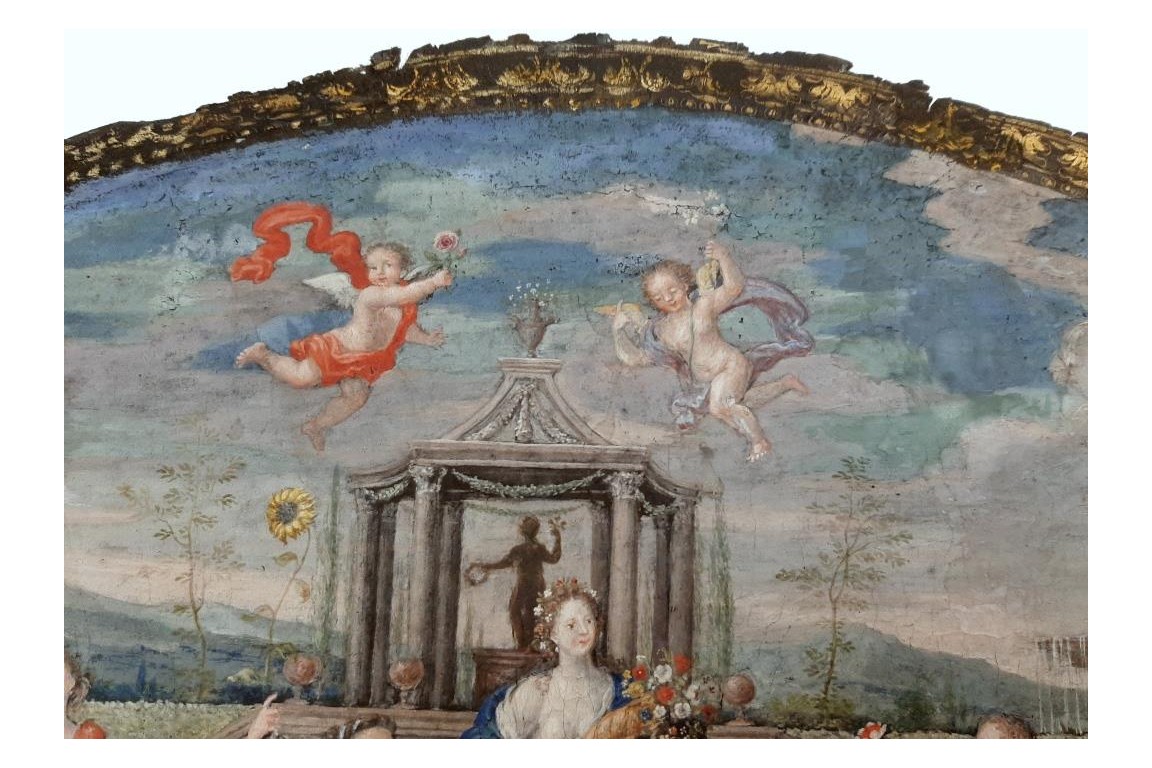 Le triomphe de Flore, feuille d'éventail fin XVIIe siècle