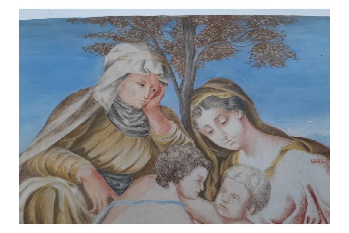 La rencontre de la Vierge et Jésus avec Sainte Elisabeth et saint Jean-Baptiste. Gouache XVII-XVIIIème.