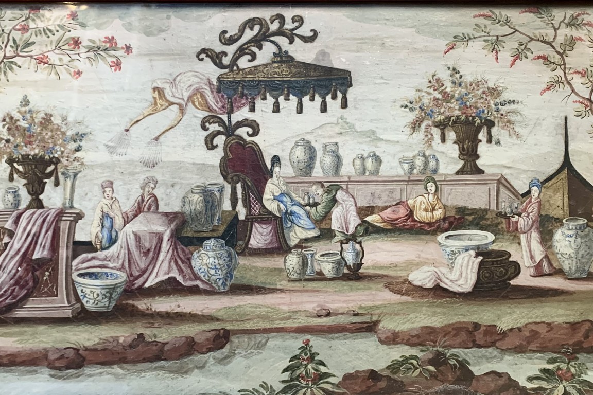 La collectionneuse de porcelaines de Chine, feuille d'éventail vers 1700