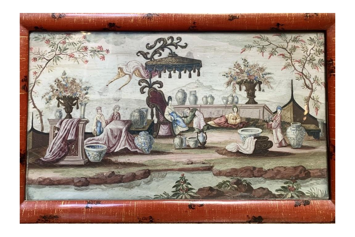 La collectionneuse de porcelaines de Chine, feuille d'éventail vers 1700