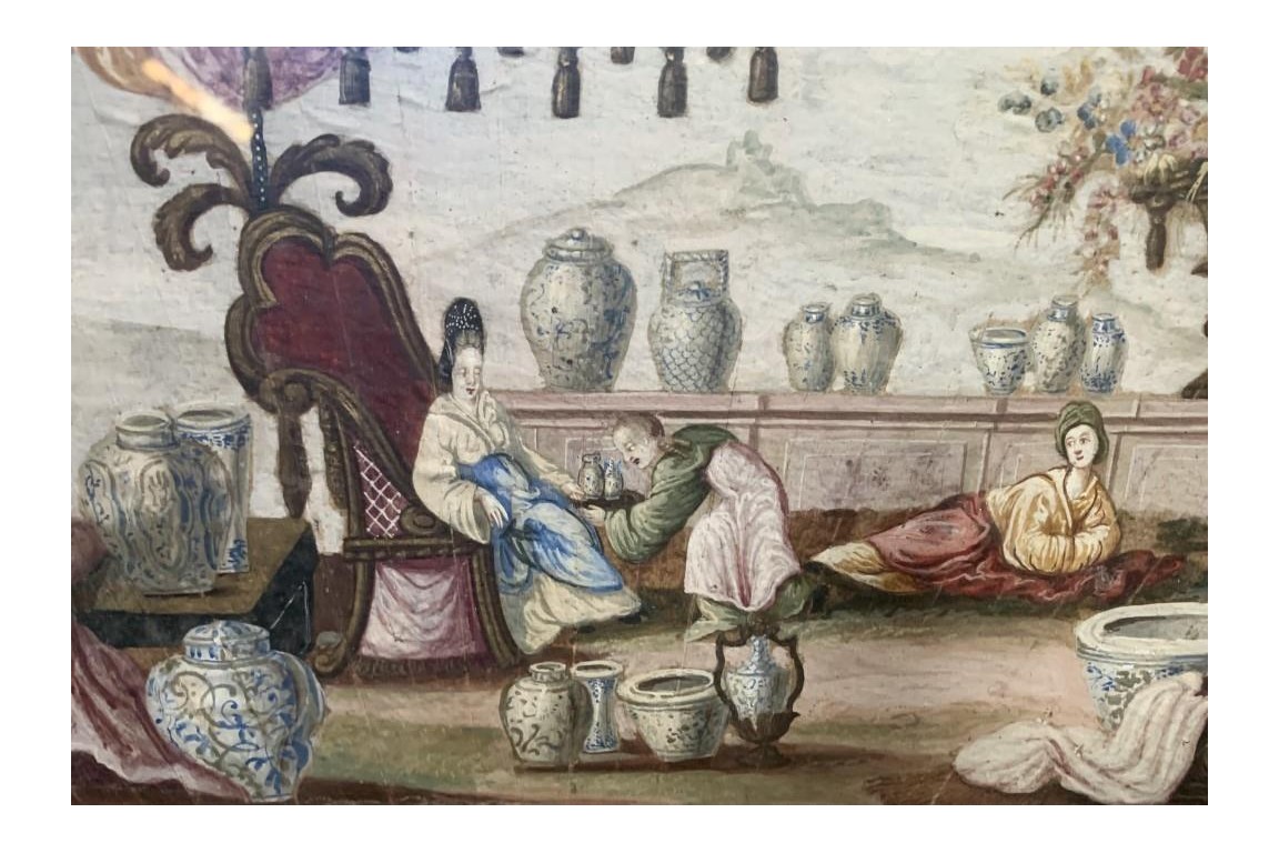 La collectionneuse de porcelaines de Chine, feuille d'éventail vers 1700