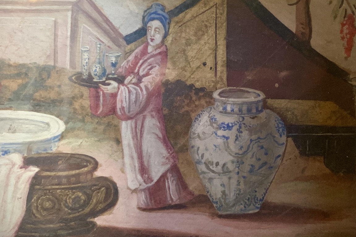 La collectionneuse de porcelaines de Chine, feuille d'éventail vers 1700