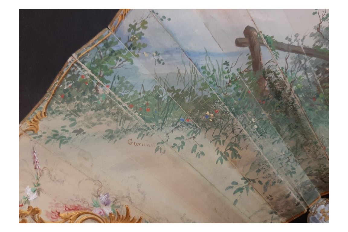 The game of trictrac  and the hot-air balloon of love, fan circa 1860-80