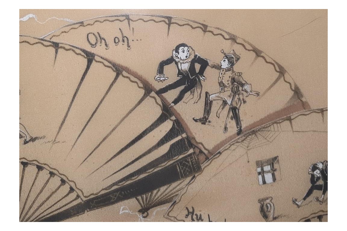 Sketch : Pierrot du rire aux larmes. Feuille d'éventail de Dubois-Souci vers 1880