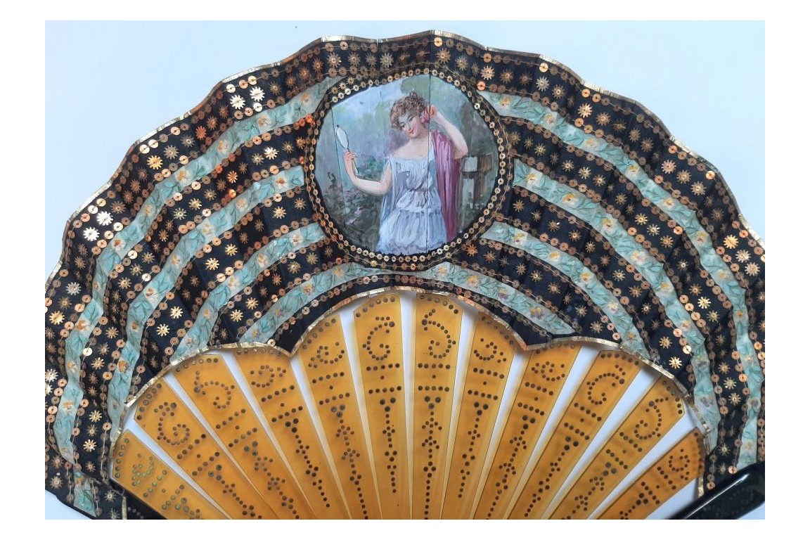 Beauty with flowers ,  fan circa 1900-1920