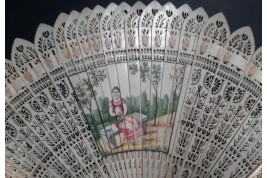 Three beautiful flowers and a tightrope walker. Four images fan circa 1820-30