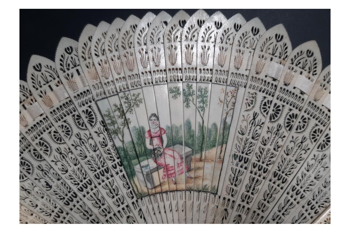 Three beautiful flowers and a tightrope walker. Four images fan circa 1820-30