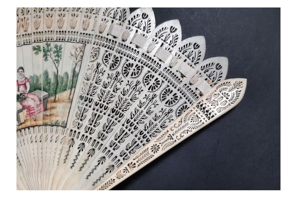 Three beautiful flowers and a tightrope walker. Four images fan circa 1820-30