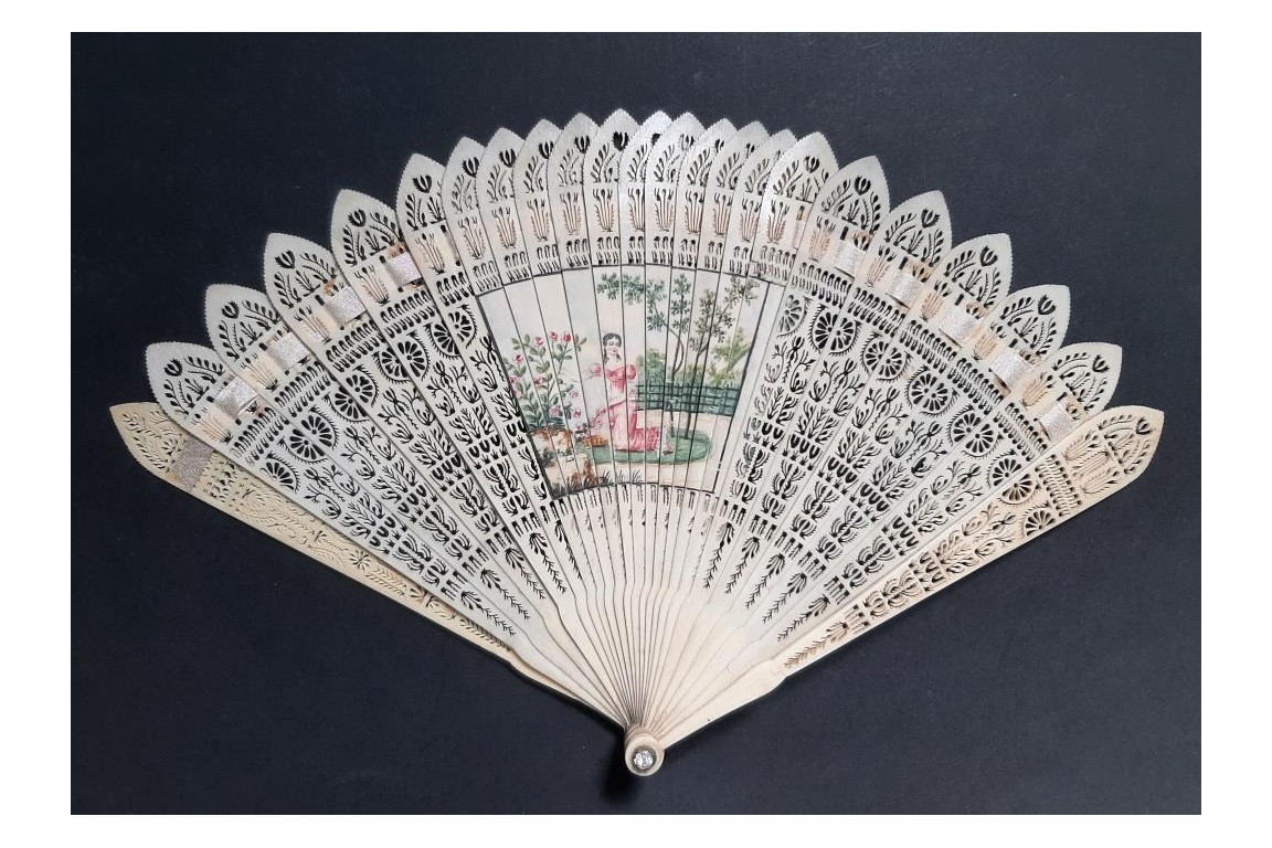 Three beautiful flowers and a tightrope walker. Four images fan circa 1820-30