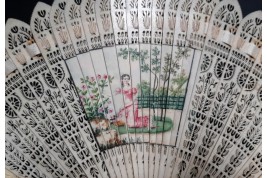 Three beautiful flowers and a tightrope walker. Four images fan circa 1820-30