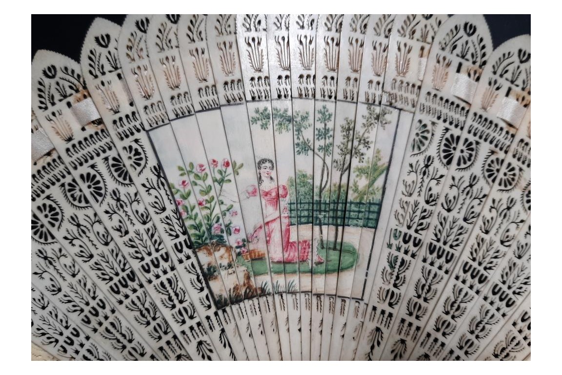 Three beautiful flowers and a tightrope walker. Four images fan circa 1820-30