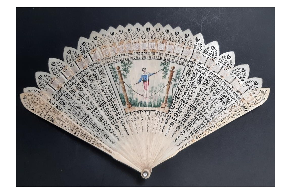 Three beautiful flowers and a tightrope walker. Four images fan circa 1820-30