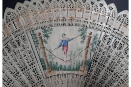 Three beautiful flowers and a tightrope walker. Four images fan circa 1820-30