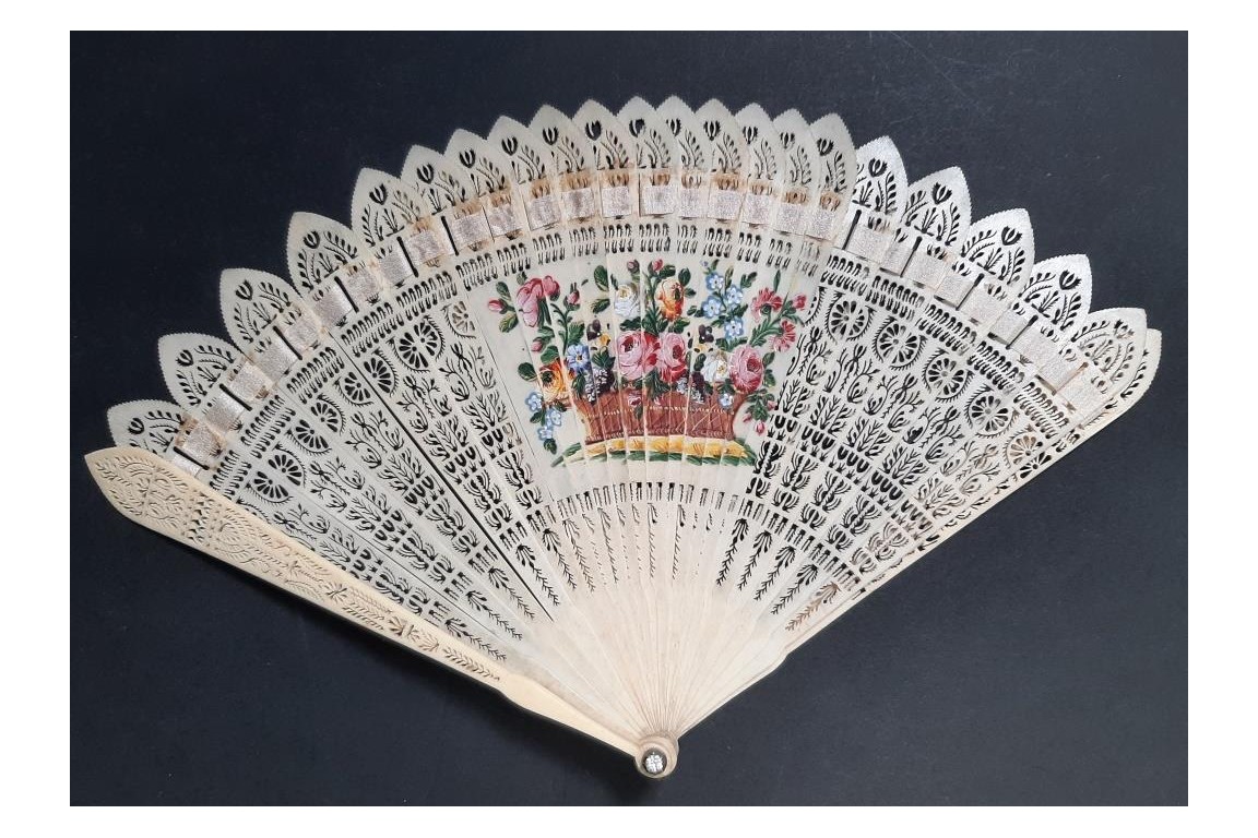 Three beautiful flowers and a tightrope walker. Four images fan circa 1820-30