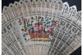 Three beautiful flowers and a tightrope walker. Four images fan circa 1820-30