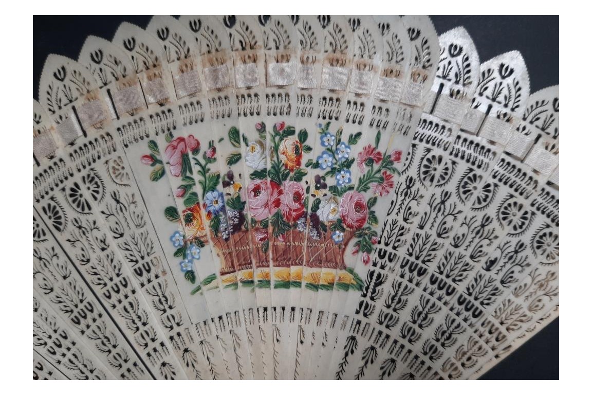 Three beautiful flowers and a tightrope walker. Four images fan circa 1820-30