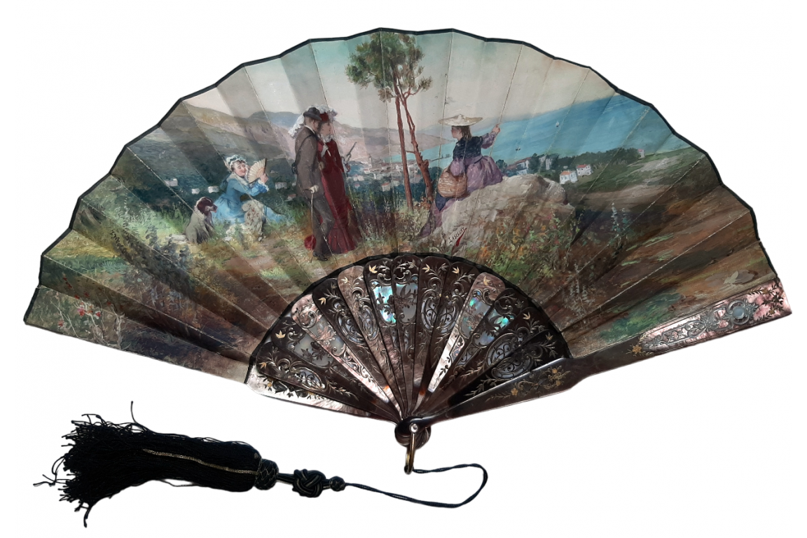 A walk in the mountains,  fan by Lasellaz, period Belle Epoque