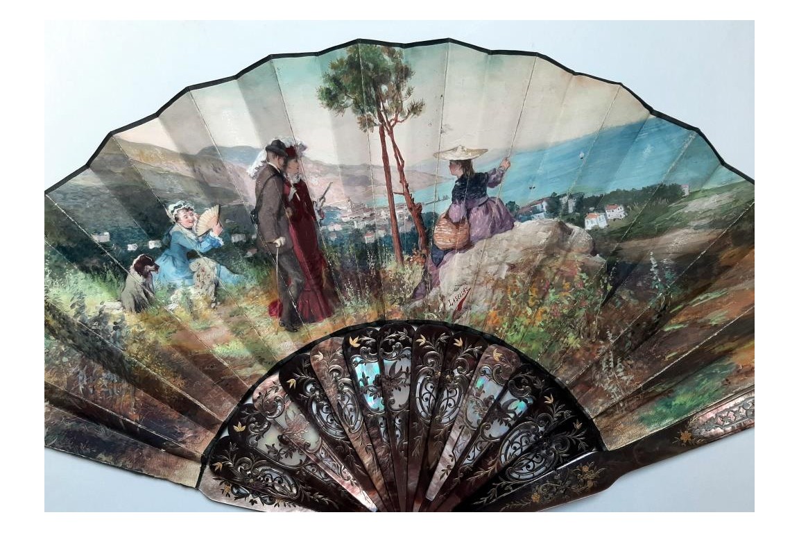 A walk in the mountains,  fan by Lasellaz, period Belle Epoque