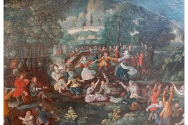 Banquet, festin et pique-nique, feuille d'éventail fin XVIIème siècle