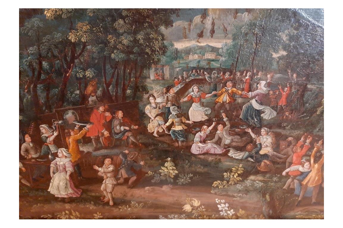 Banquet, festin et pique-nique, feuille d'éventail fin XVIIème siècle