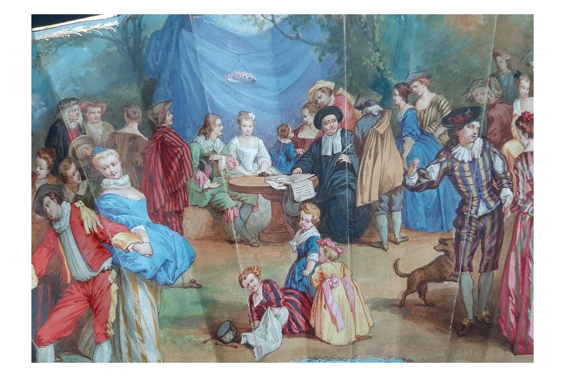 Le contrat de mariage d’après Watteau, éventail de Lièvre vers 1860