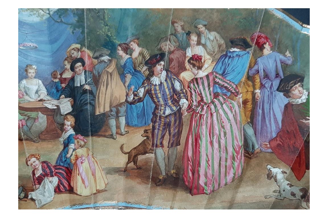 Le contrat de mariage d’après Watteau, éventail de Lièvre vers 1860