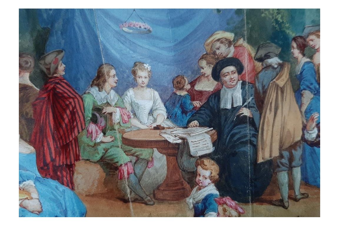 The wedding contract after Watteau, fan circa 1860