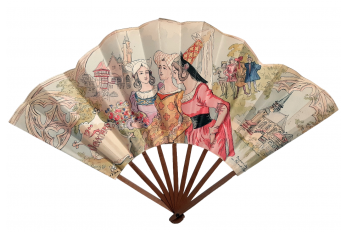 Old Paris at the 1900 Exposition universelle, fan and cards after Robida