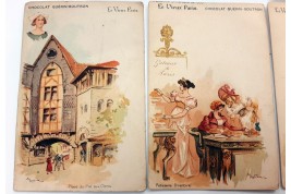 Old Paris at the 1900 Exposition universelle, fan and cards after Robida