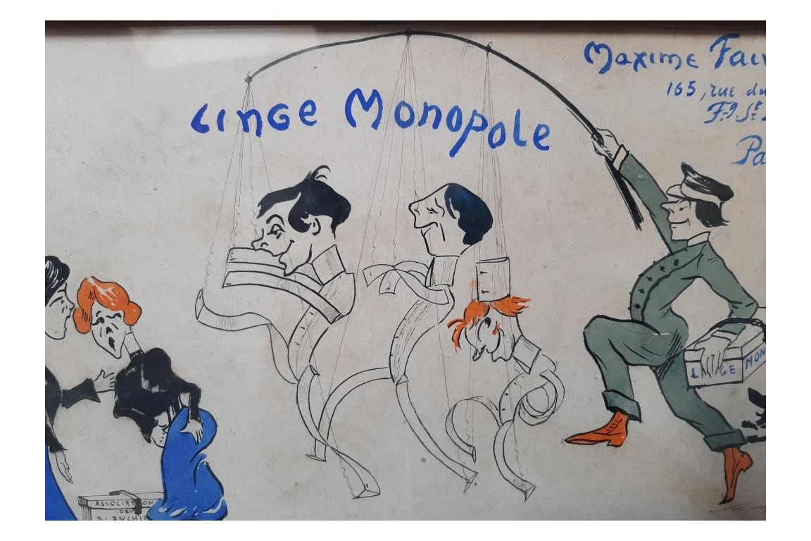 Linge Monopole or the end of the laundresses,  humorous gouache circa 1900