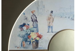 Dandy parisien au marché aux fleurs, projet d'éventail d'Henri Jourdain, période Belle Époque