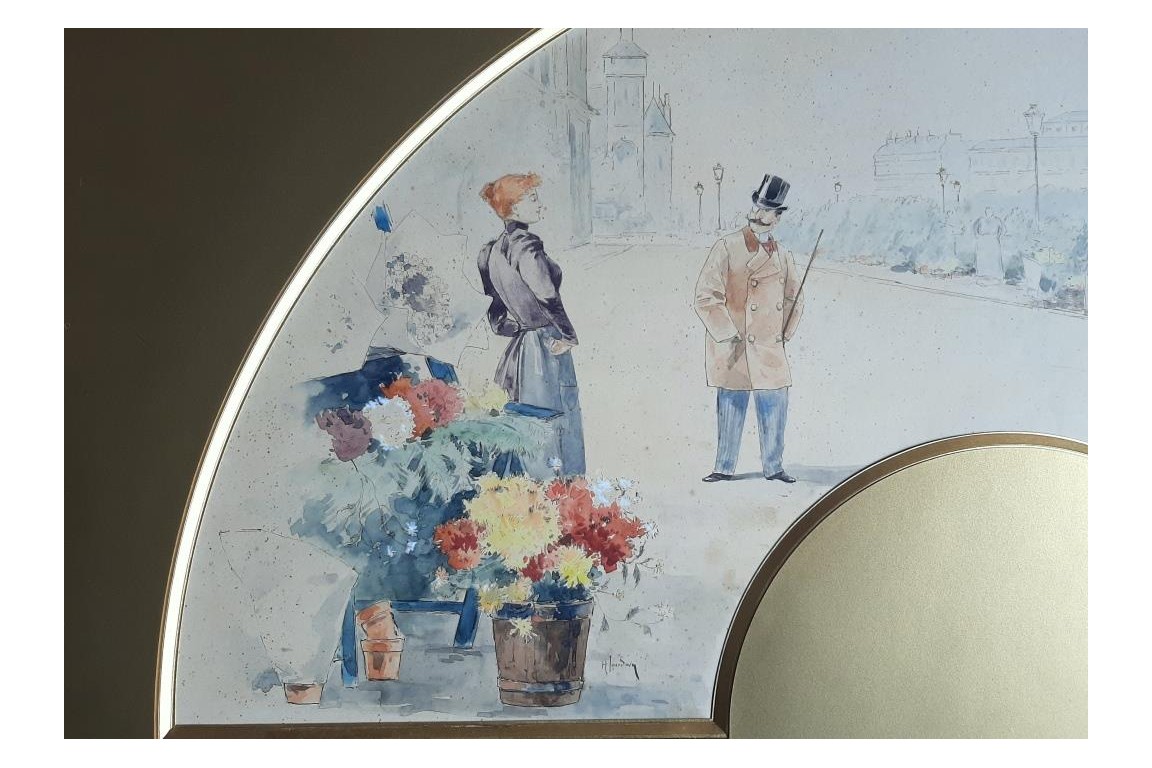 Dandy parisien au marché aux fleurs, projet d'éventail d'Henri Jourdain, période Belle Époque