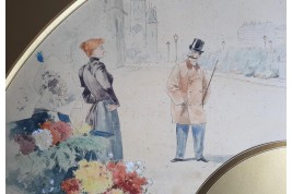 Dandy parisien au marché aux fleurs, projet d'éventail d'Henri Jourdain, période Belle Époque