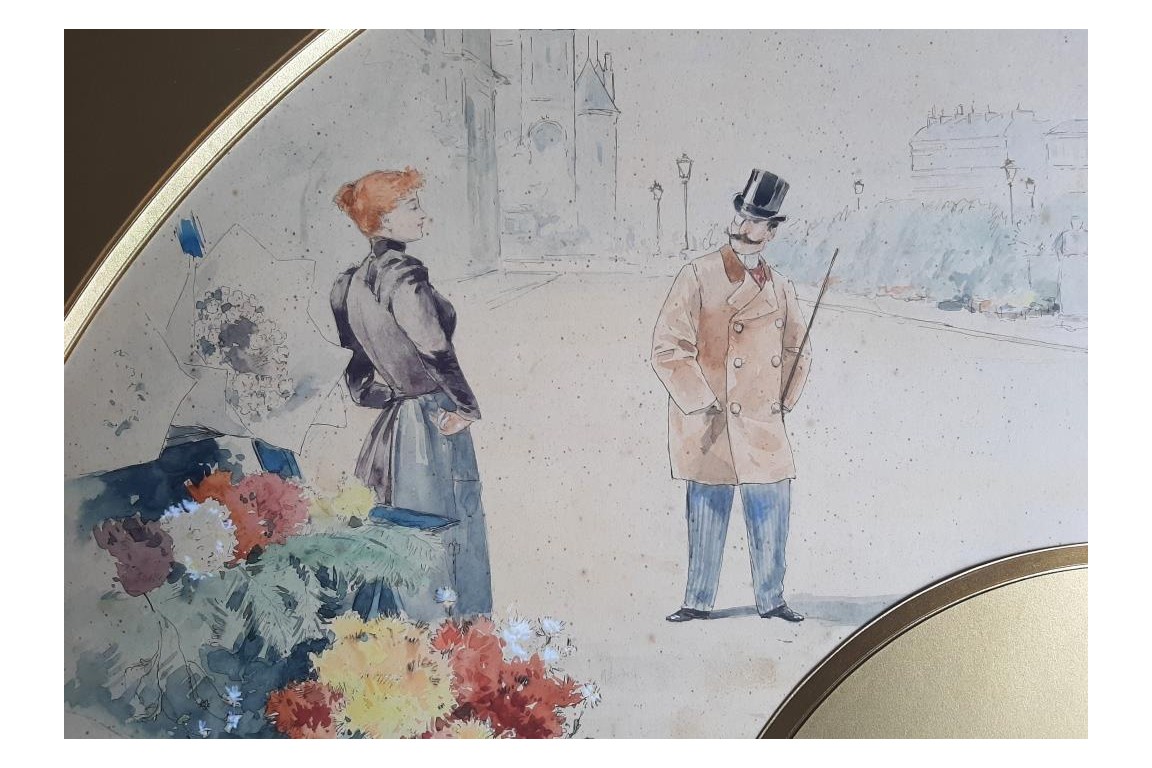 Dandy parisien au marché aux fleurs, projet d'éventail d'Henri Jourdain, période Belle Époque