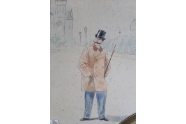 Dandy parisien au marché aux fleurs, projet d'éventail d'Henri Jourdain, période Belle Époque