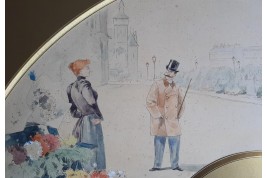 Dandy parisien au marché aux fleurs, projet d'éventail d'Henri Jourdain, période Belle Époque