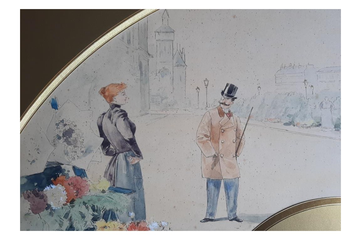 Dandy parisien au marché aux fleurs, projet d'éventail d'Henri Jourdain, période Belle Époque