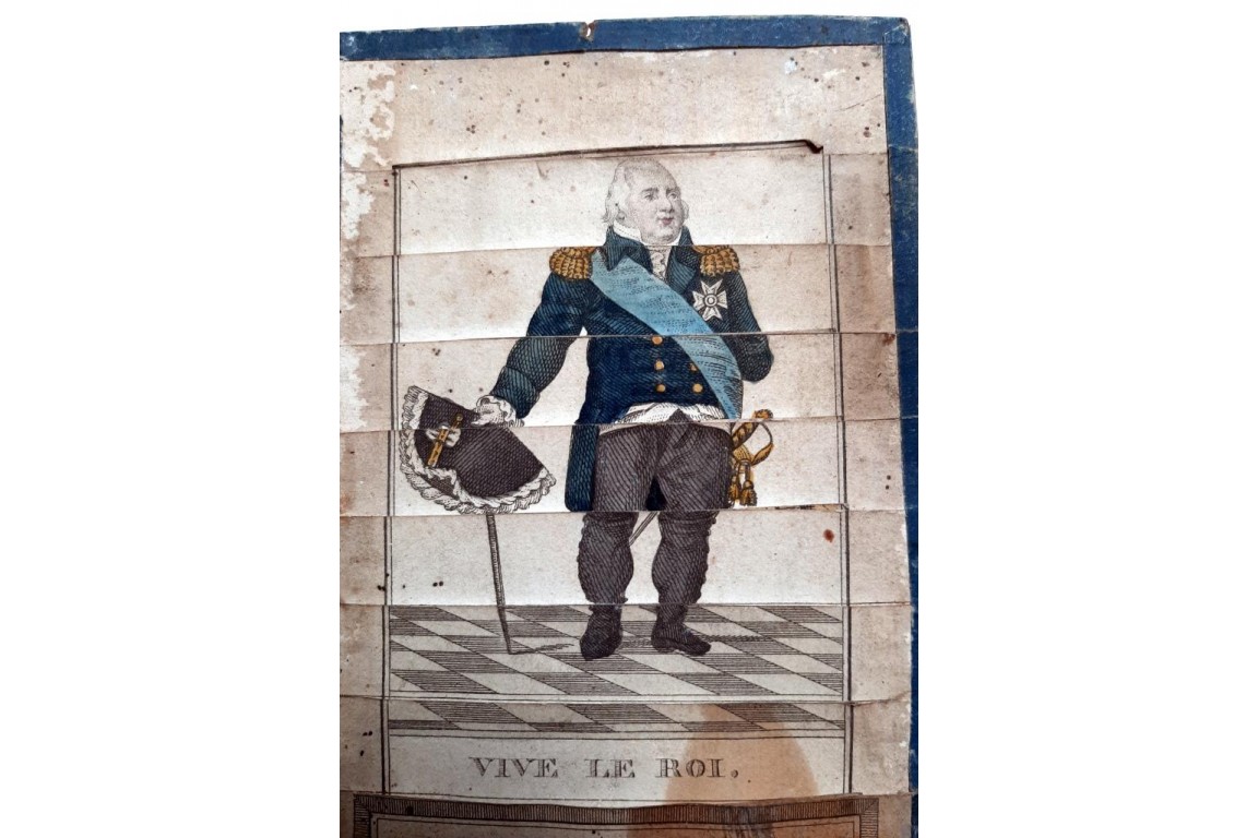 Bye Napoléon, Long live Louis XVIII ! Transformation print, by Canu, circa 1815