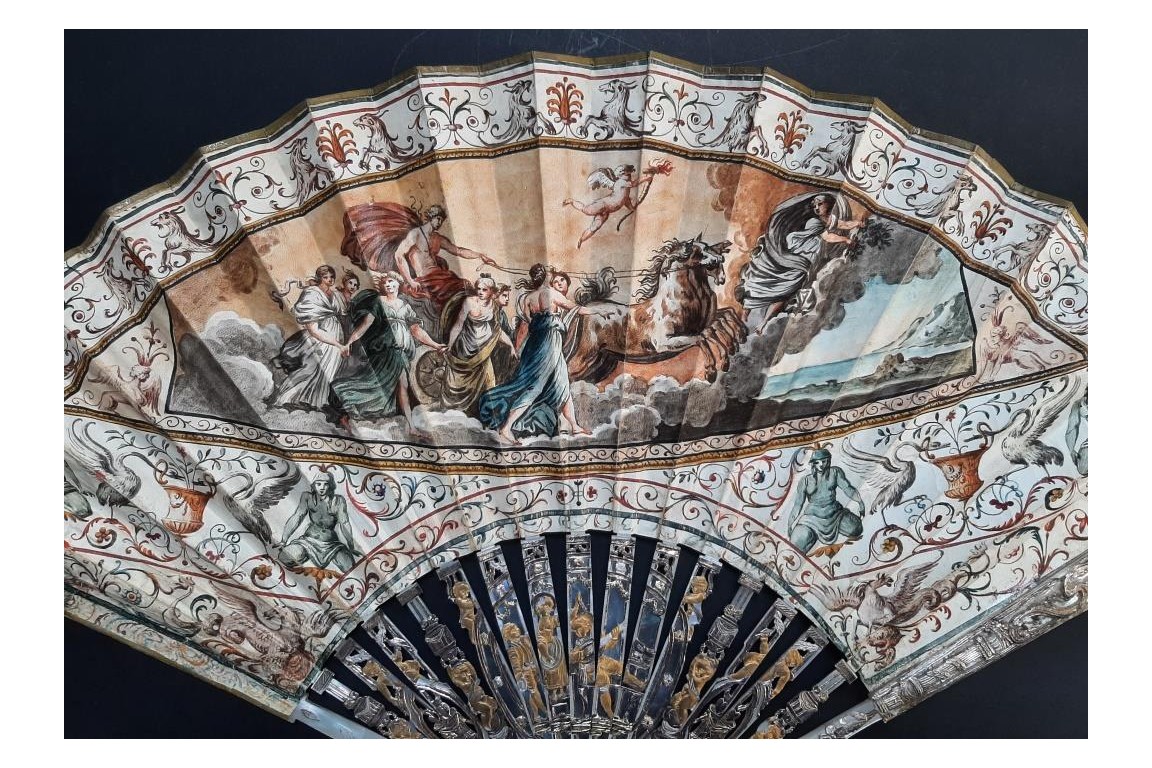 Apollo guiding the chariot of the Sun and preceded by Aurora, after Guido Reni. Fan circa 1770-80