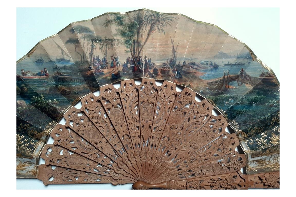 Coming by train to celebrate the harvest in Naples, fan circa 1863