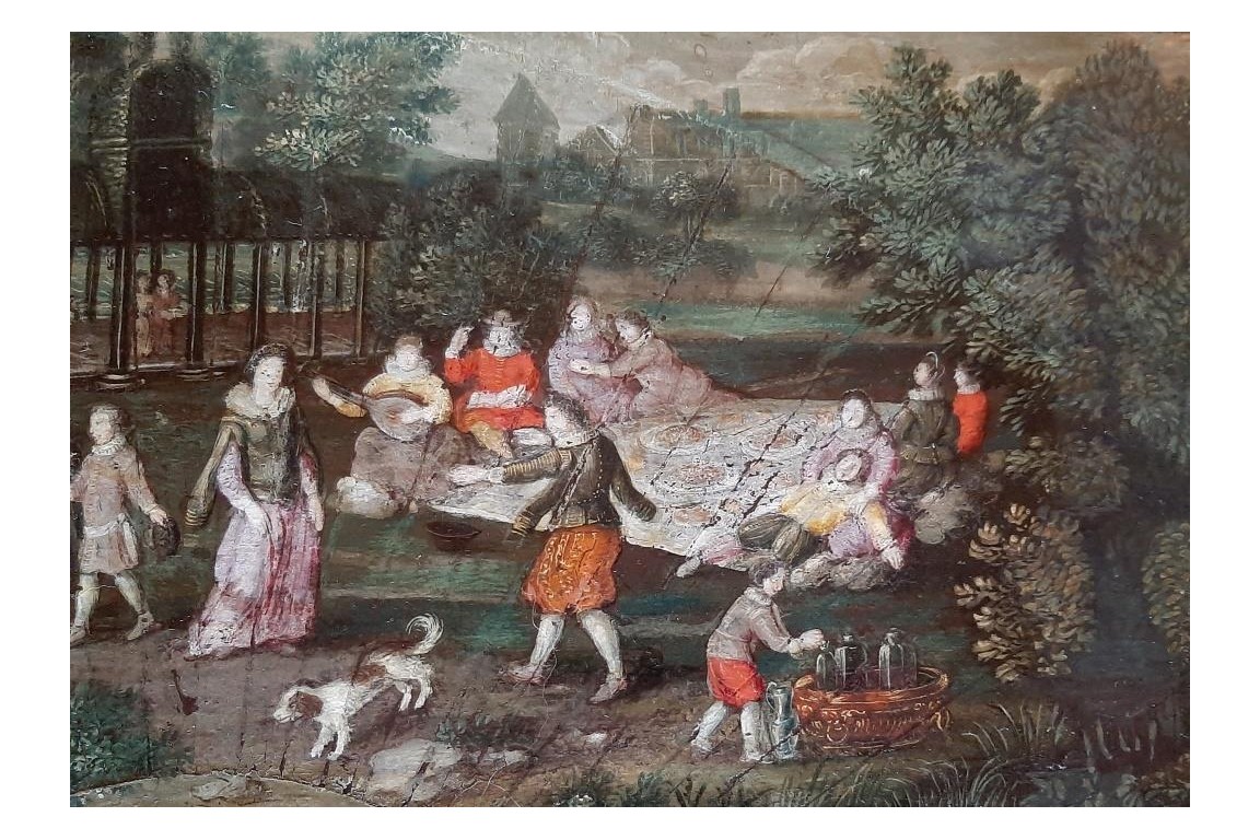 Dancing picnic, fan with rectangle 17th century