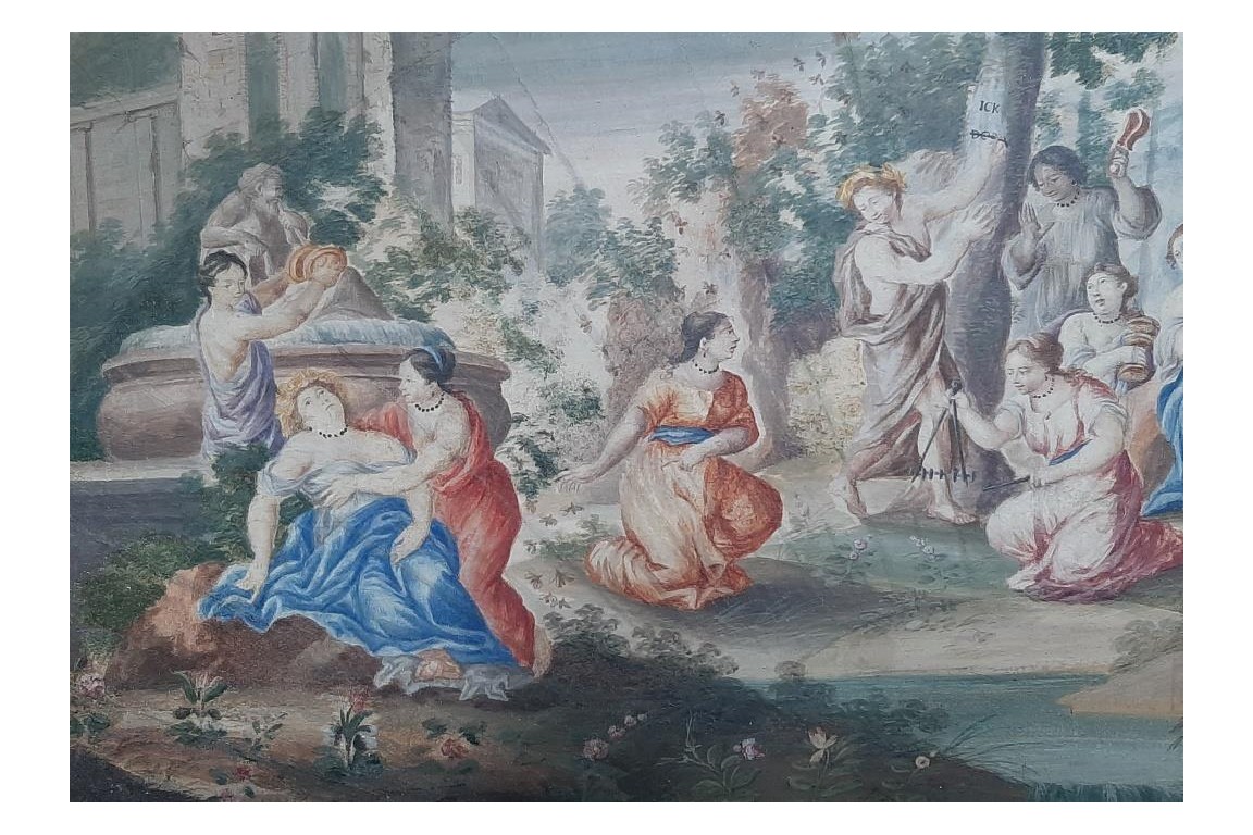 Orphée et Eurydice, feuille d'éventail XVII ou XVIIIème siècle