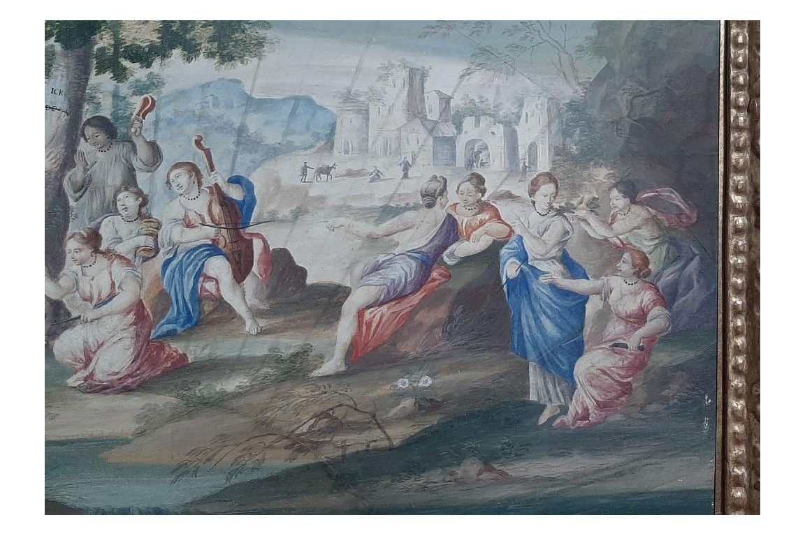 Orphée et Eurydice, feuille d'éventail XVII ou XVIIIème siècle